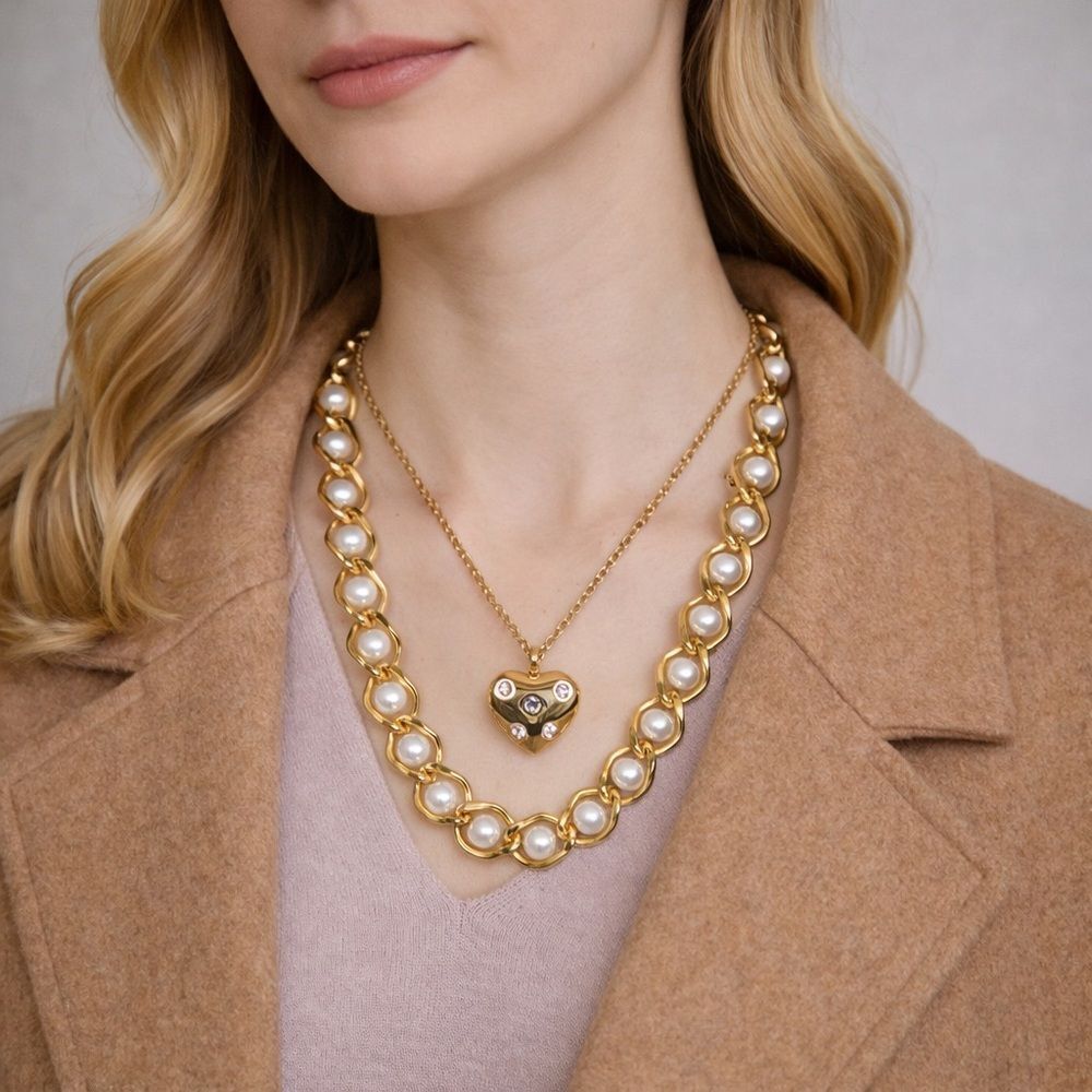 Set of 2 Gold Tone Necklaces - Chunky Pearl  & Rhinestone Puffy Heart